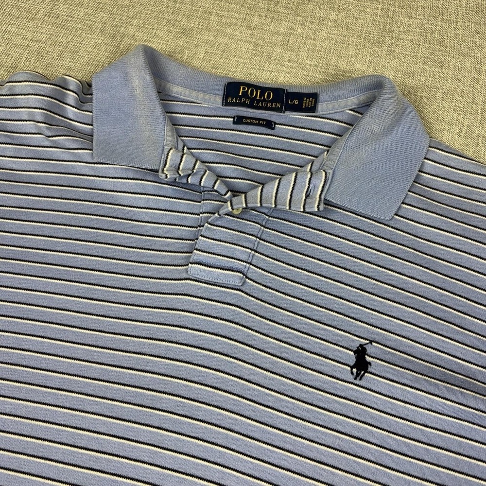 Polo Ralph Lauren Polo Shirt Mens L Blue Striped Custom Fit Cotton Short Sleeve